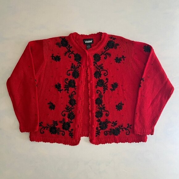 studio Sweaters - Studio Red & Black Floral Embroidered Lace Trim Knit Cardigan